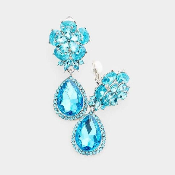 Flower Aqua Blue Crystal Teardrop Dangle Clip on Earrings - Picture 1 of 6